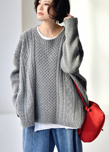 Grey O-neck Side Open Knit Woolen Sweaters Fall
