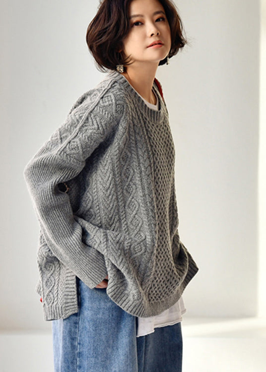 Grey O-neck Side Open Knit Woolen Sweaters Fall