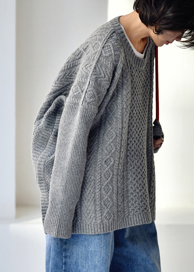 Grey O-neck Side Open Knit Woolen Sweaters Fall