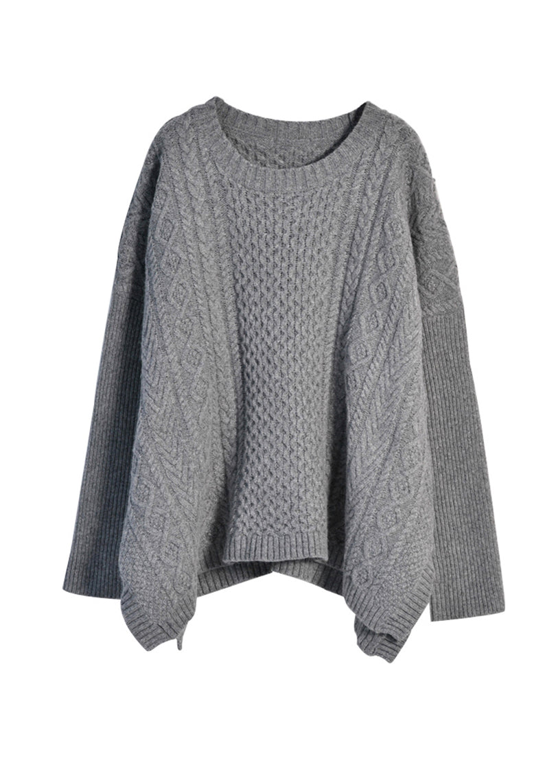 Grey O-neck Side Open Knit Woolen Sweaters Fall