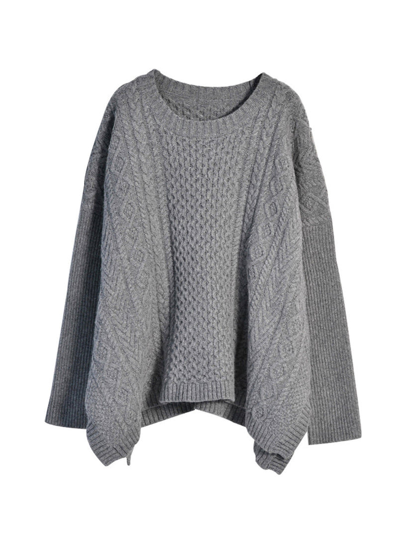 Grey O-neck Side Open Knit Woolen Sweaters Fall