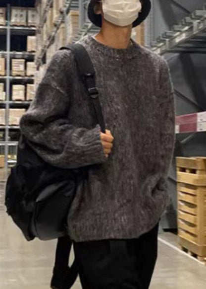 Grey O Neck Thick Cotton Knit Sweaters Spring