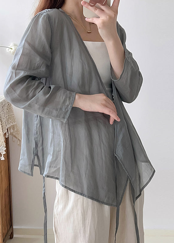 Grey Oversized Lace Up Linen Shirts Fall