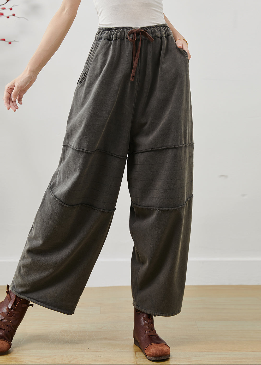 Grey Oversized Patchwork Cotton Harem Pants Spring