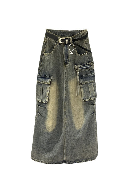 Grey Patchwork Sashes Pockets Straight Skirts Fall
