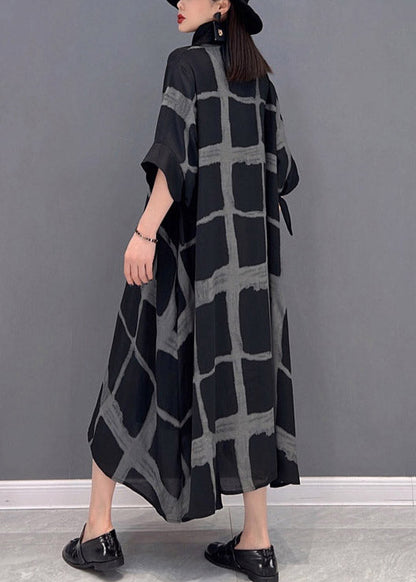 Grey Peter Pan Collar Asymmetrical Print Button Pockets Long Dress Half Sleeve