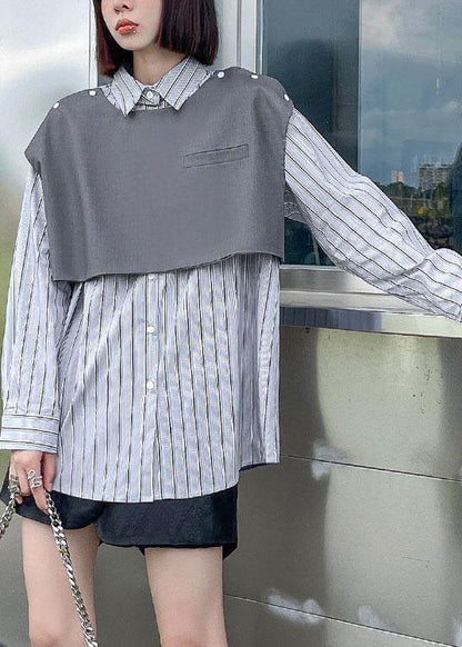 Vintage Grey Peter Pan Collar Button Fall Striped Shirt Long sleeve