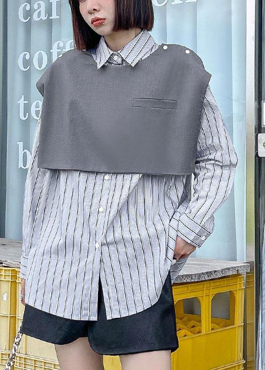 Vintage Grey Peter Pan Collar Button Fall Striped Shirt Long sleeve