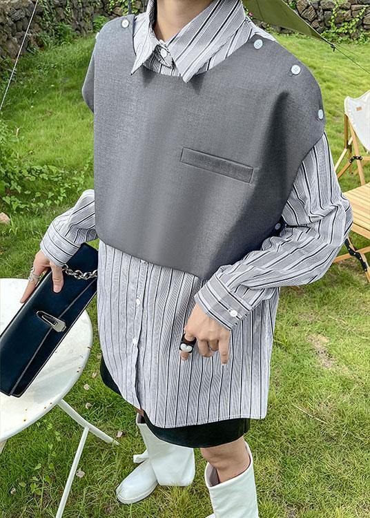 Vintage Grey Peter Pan Collar Button Fall Striped Shirt Long sleeve