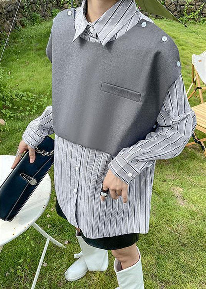 Vintage Grey Peter Pan Collar Button Fall Striped Shirt Long sleeve