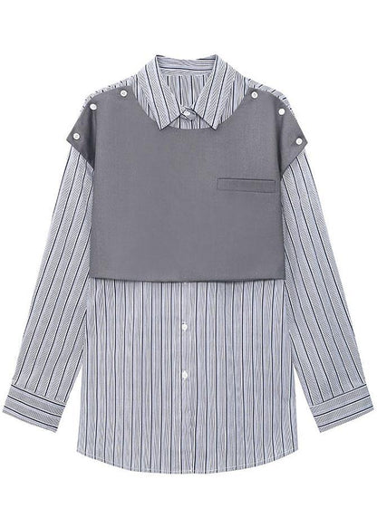 Vintage Grey Peter Pan Collar Button Fall Striped Shirt Long sleeve