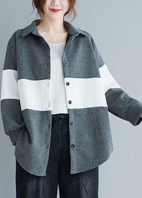 Vintage Grey Peter Pan Collar Button Patchwork Fall Shirt Top Long sleeve