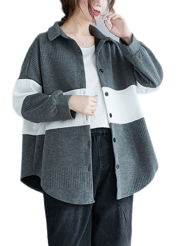 Vintage Grey Peter Pan Collar Button Patchwork Fall Shirt Top Long sleeve