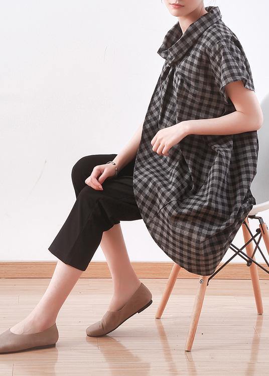 Grey Plaid Turtleneck Asymmetrical Design Summer Blouses