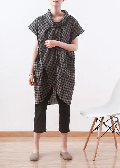 Grey Plaid Turtleneck Asymmetrical Design Summer Blouses