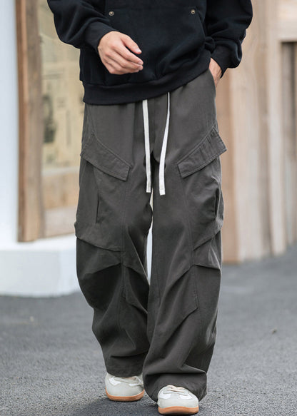 Grey Pockets Lace Up Elastic Waist Cotton Pants Spring