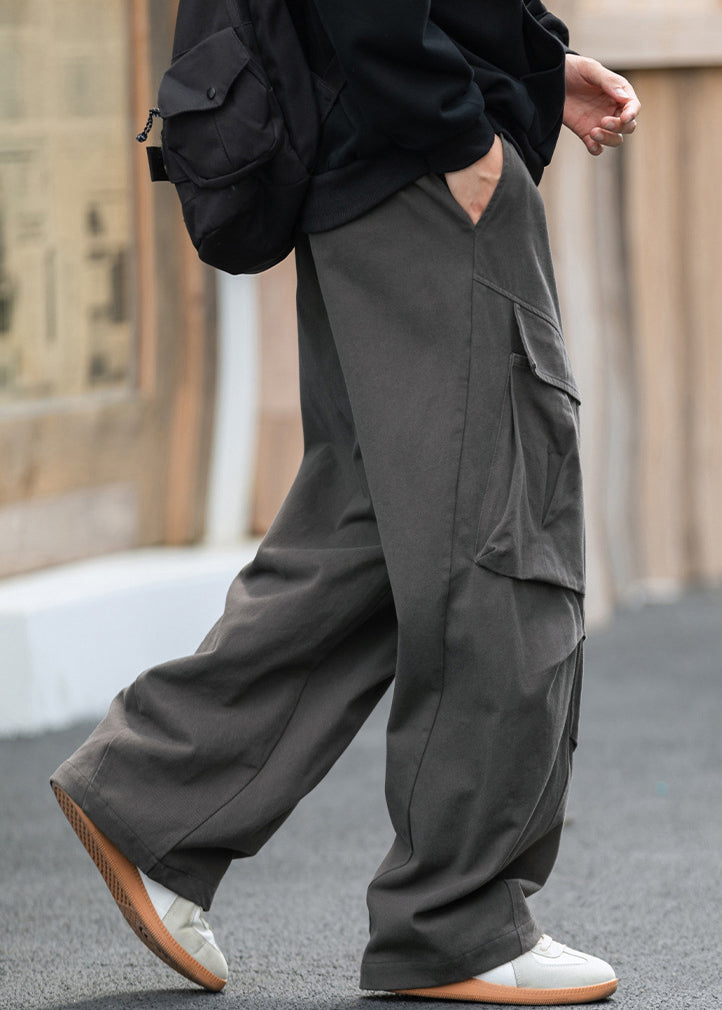 Grey Pockets Lace Up Elastic Waist Cotton Pants Spring