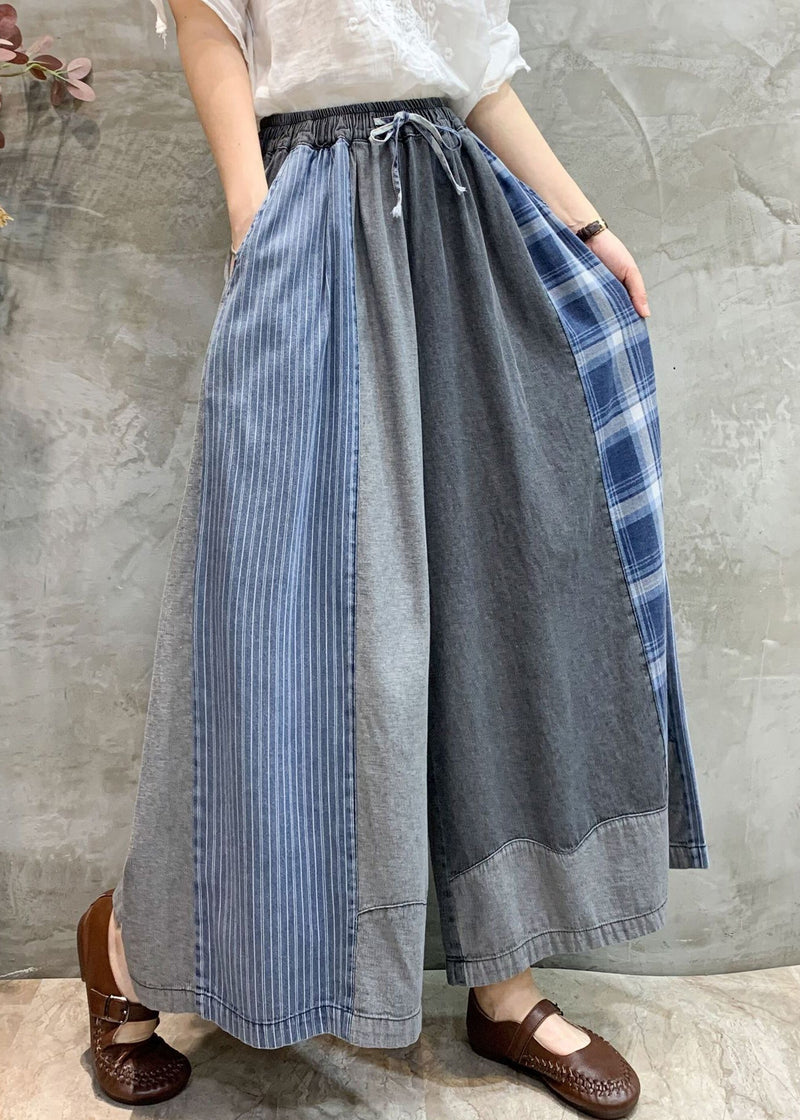 Grey Pockets Patchwork Denim Wide Leg Pants Fall