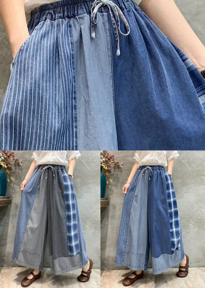 Grey Pockets Patchwork Denim Wide Leg Pants Fall
