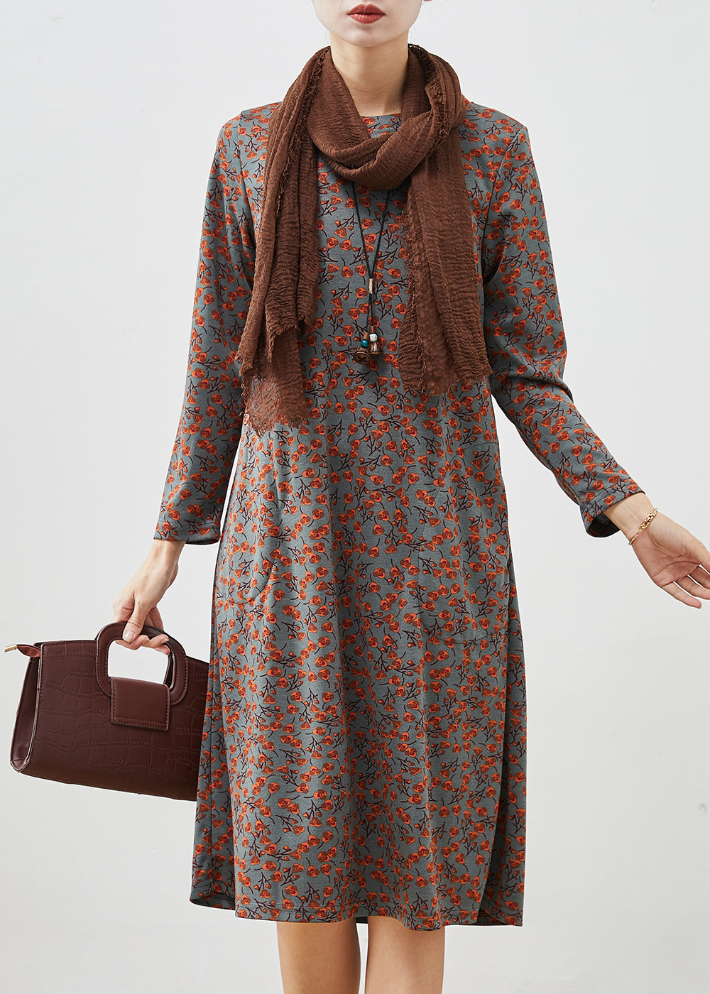 Grey Print Cotton Long Dress Spring