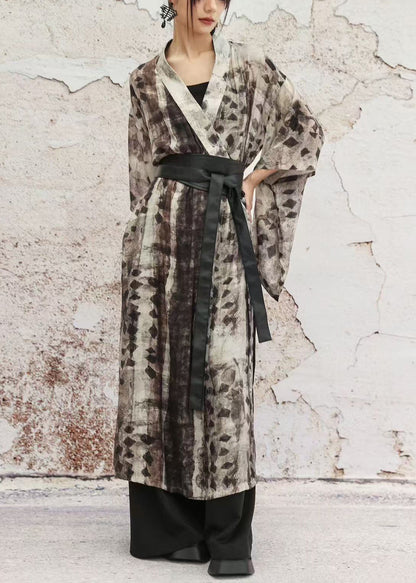 Grey Print Lace Up Side Open Cotton Long Coat Half Sleeve