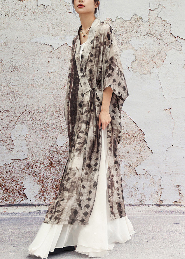 Grey Print Lace Up Side Open Cotton Long Coat Half Sleeve
