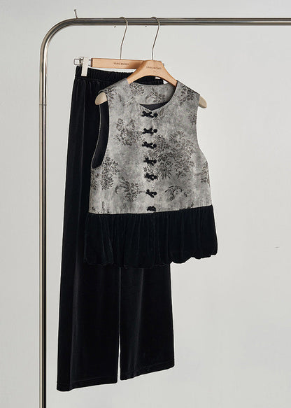 Grey Print Patchwork Silk Velour Vests Spring