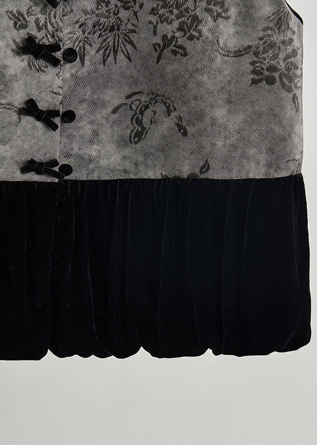 Grey Print Patchwork Silk Velour Vests Spring