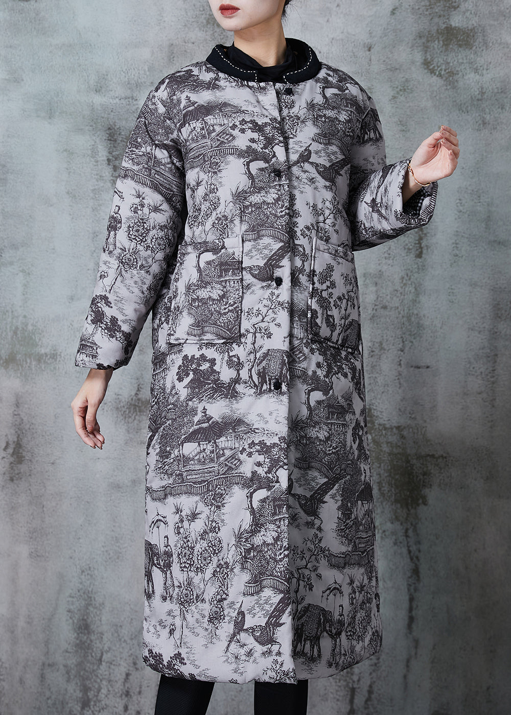 Grey Print Pockets Fine Cotton Filled Coats Winter