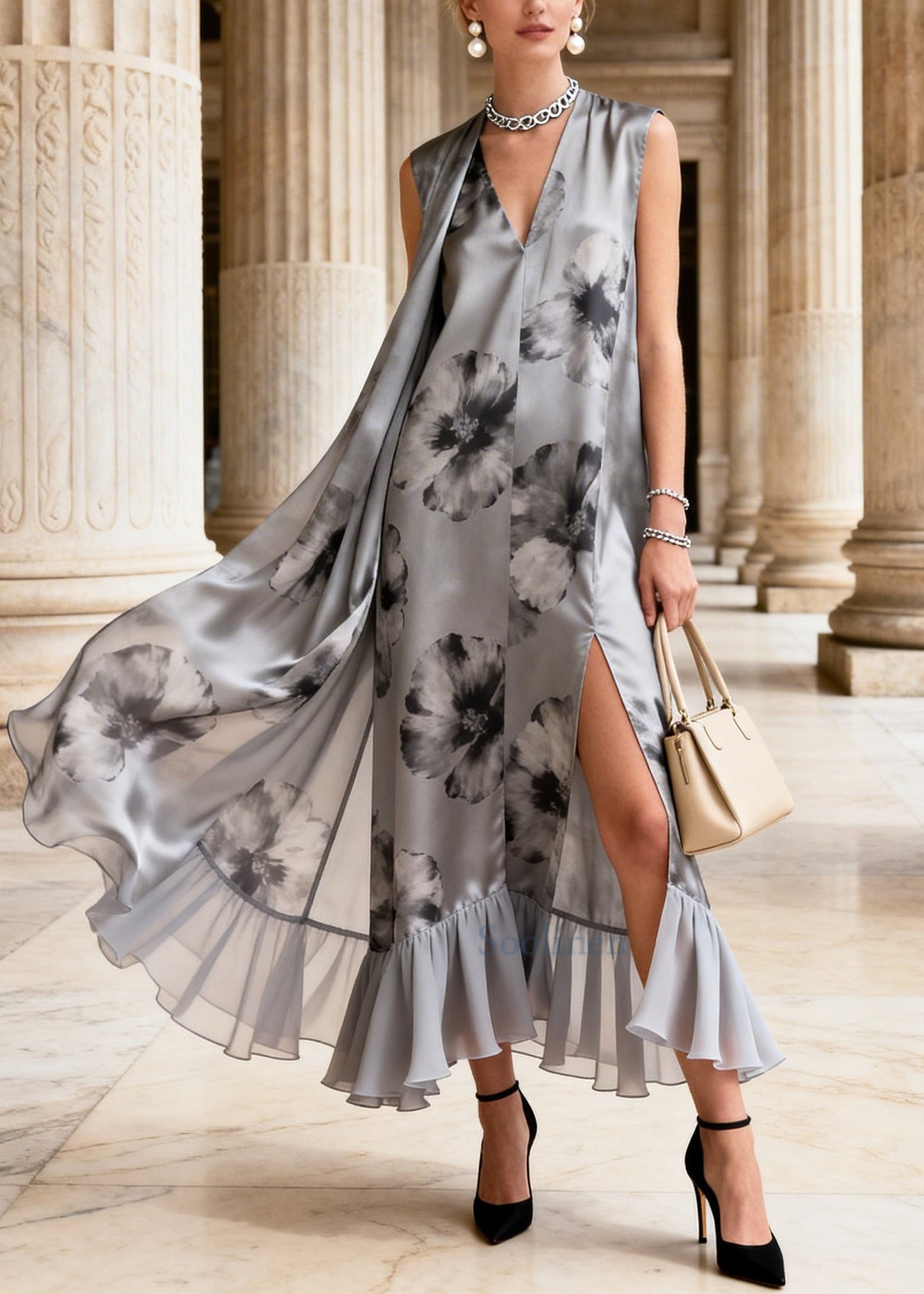 Grey Print Side Open Chiffon Long Dress Summer