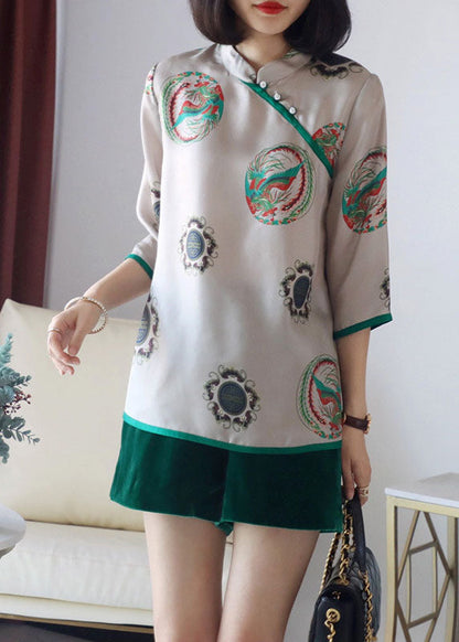 Vintage Grey Stand Collar button print Patchwork Silk Blouses Spring