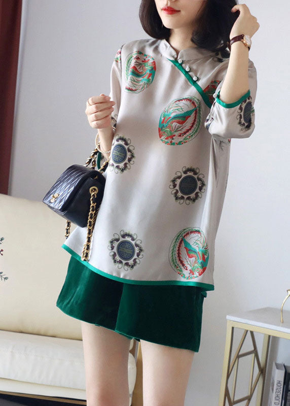 Vintage Grey Stand Collar button print Patchwork Silk Blouses Spring