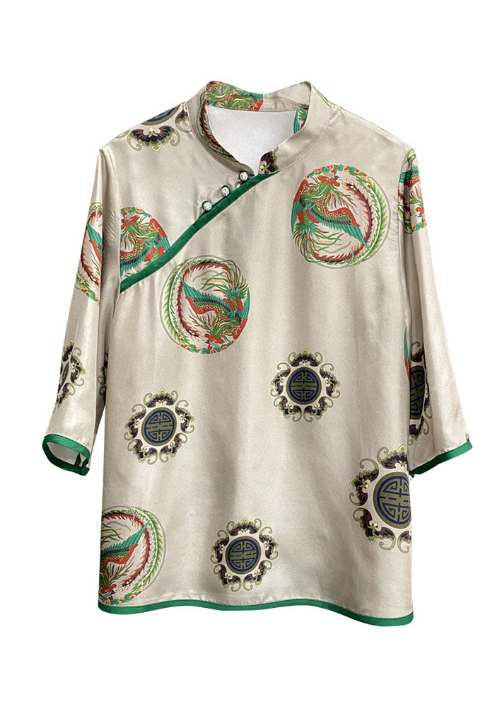 Vintage Grey Stand Collar button print Patchwork Silk Blouses Spring