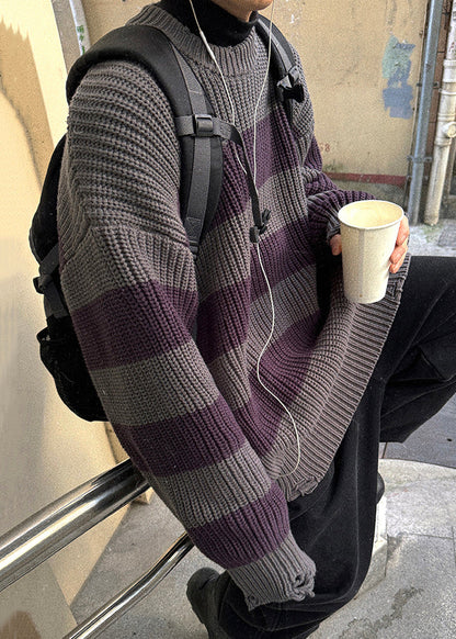 Grey Striped Cozy Patchwork Knit Sweater Spring