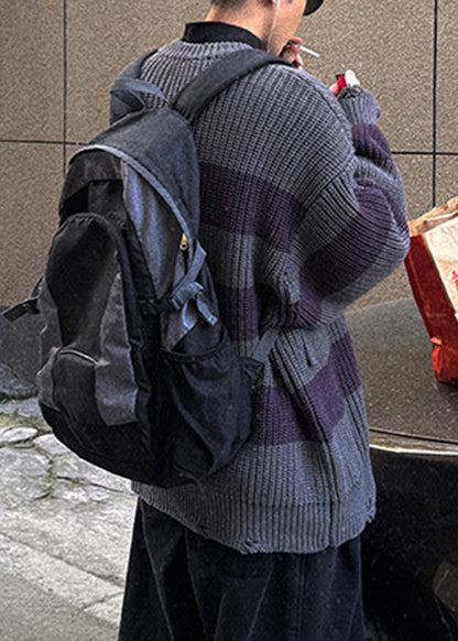 Grey Striped Cozy Patchwork Knit Sweater Spring