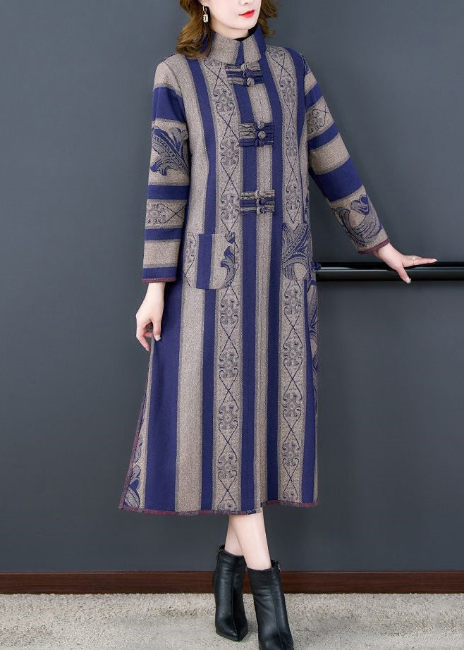 Grey Striped Side Open Button Patchwork Woolen Coats Fall