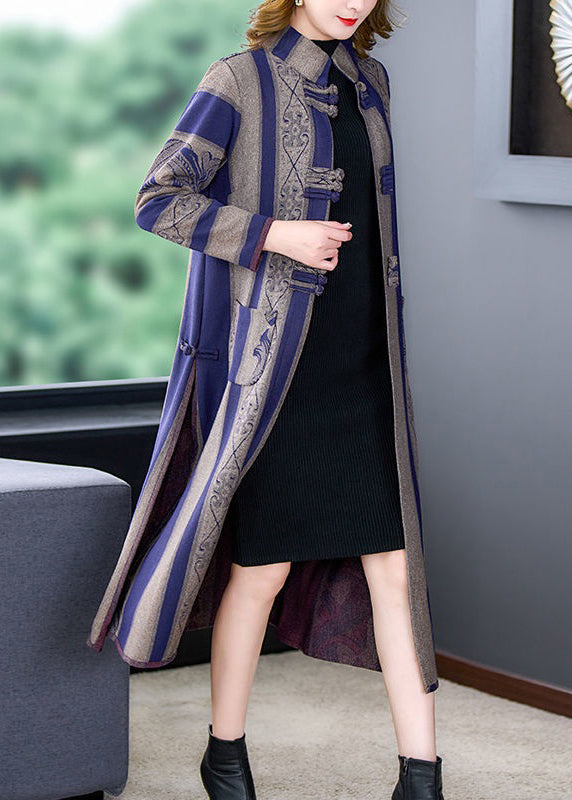 Grey Striped Side Open Button Patchwork Woolen Coats Fall