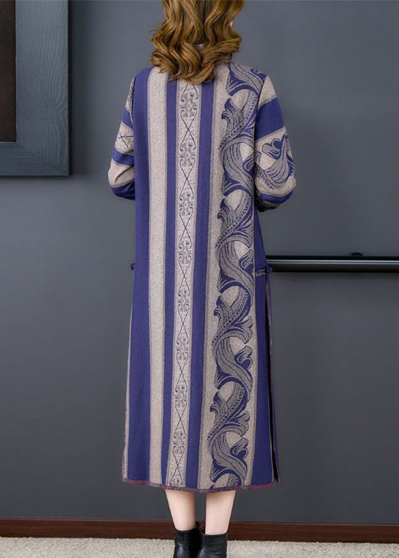 Grey Striped Side Open Button Patchwork Woolen Coats Fall