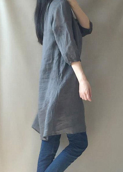 Grey V Neck Embroideried Button Linen Cheongsam Dress Half Sleeve