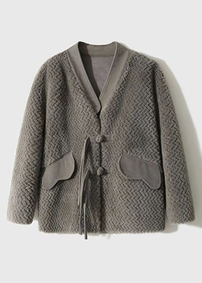 Grey V Neck Pockets Button Patchwork Wool Coat Winter