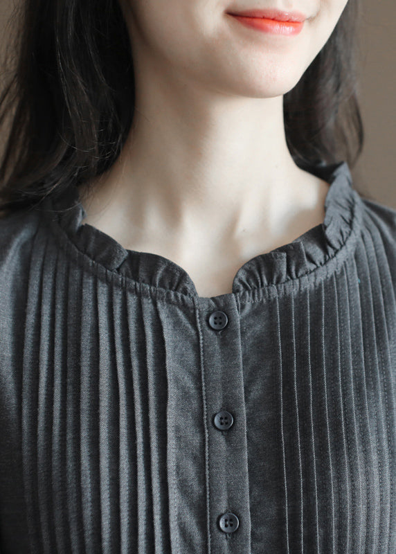 Grey Wrinkled Drawstring Ruffled Linen Dresses Bracelet Sleeve