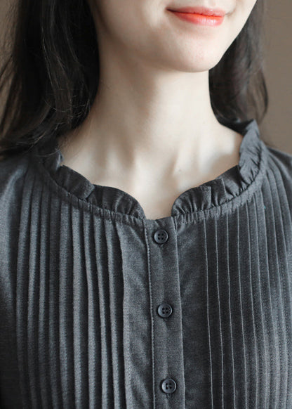 Grey Wrinkled Drawstring Ruffled Linen Dresses Bracelet Sleeve