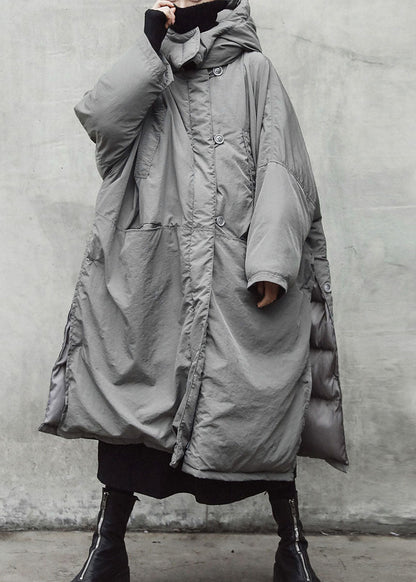 Grey Hooded Pockets Side Open Thick Winter Cotton Coat