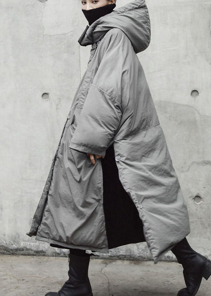 Grey Hooded Pockets Side Open Thick Winter Cotton Coat