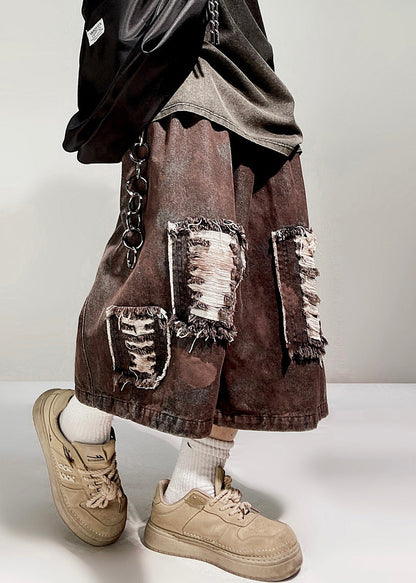 Hole Elastic Waist Oversized Denim Shorts Summer
