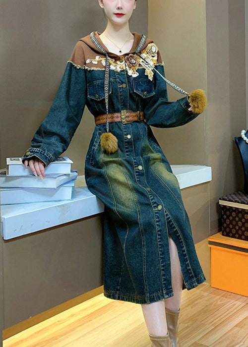Hooded Sashes Patchwork Denim Shirts Dresses Spring