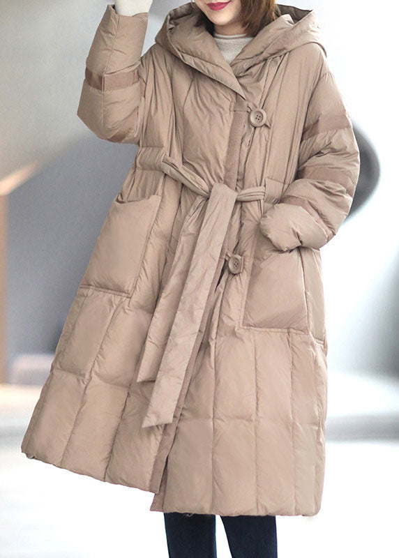 Khaki Button Pockets Tie Waist Winter Duck Down Coat