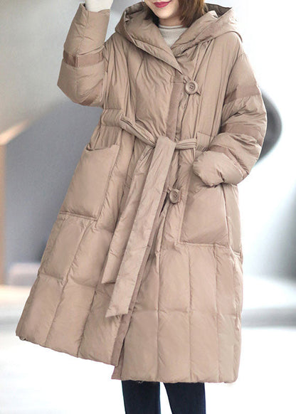 Khaki Button Pockets Tie Waist Winter Duck Down Coat