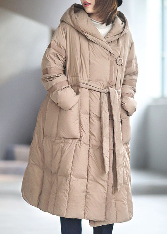 Khaki Button Pockets Tie Waist Winter Duck Down Coat