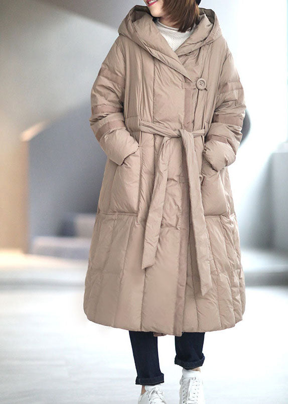 Khaki Button Pockets Tie Waist Winter Duck Down Coat